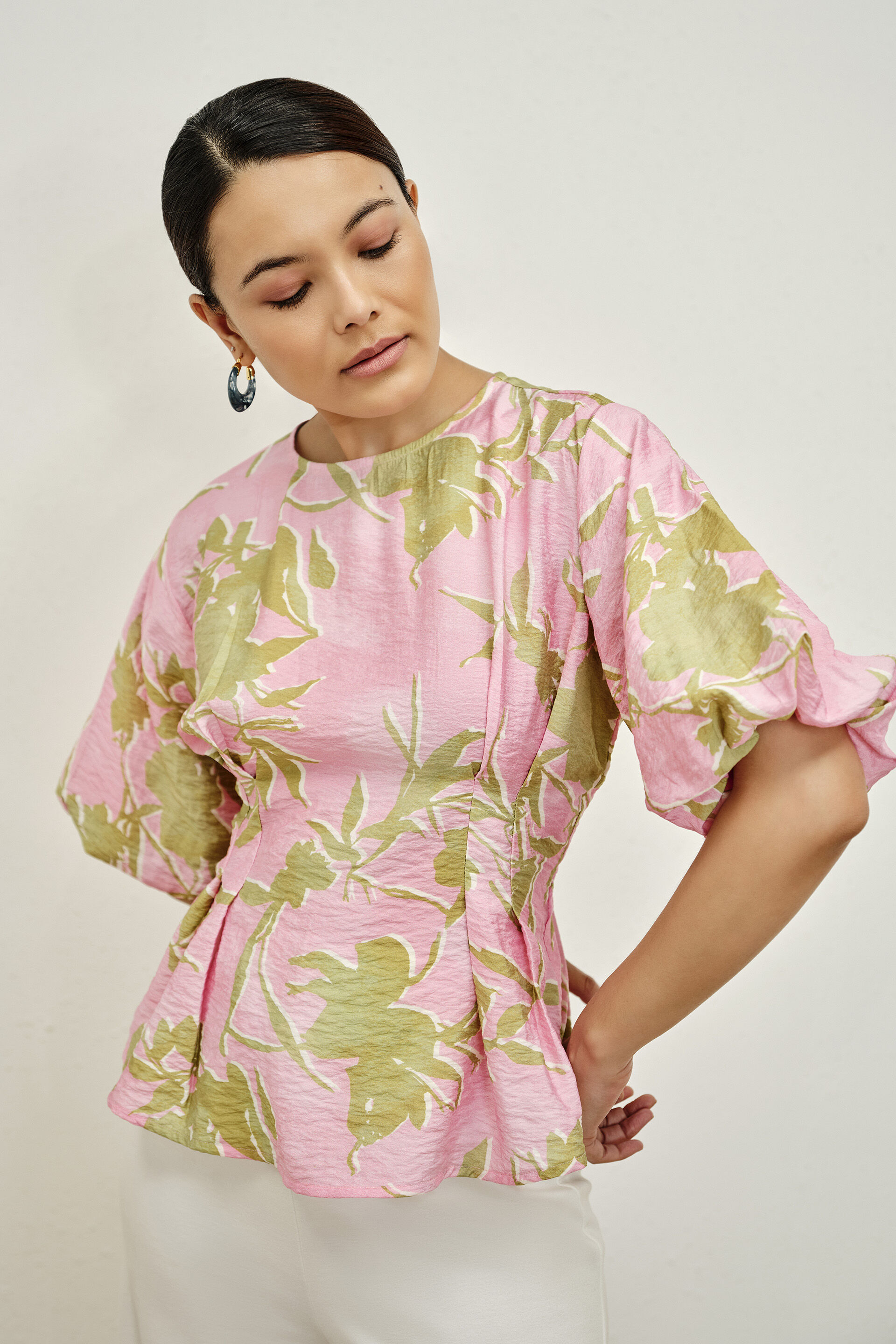 Bodycon Floral Smocked Cotton Top in Pink